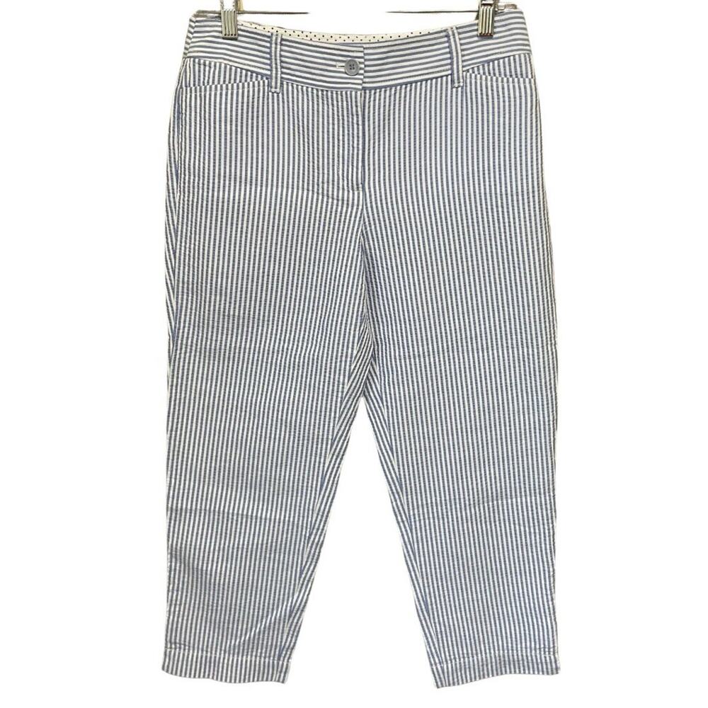 Talbots PERFECT CROP PANT Size 4 Petite Blue White Stripe Seersucker Button Tab